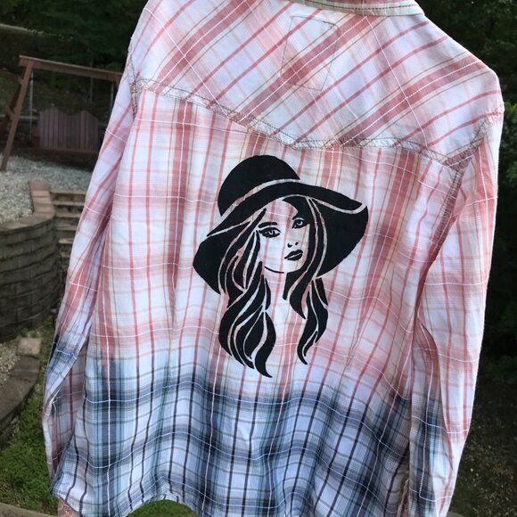 Bleached Shirt, Junior Size Medium: Upcycled Hand Painted Plaid Top - Picture 9 of 12